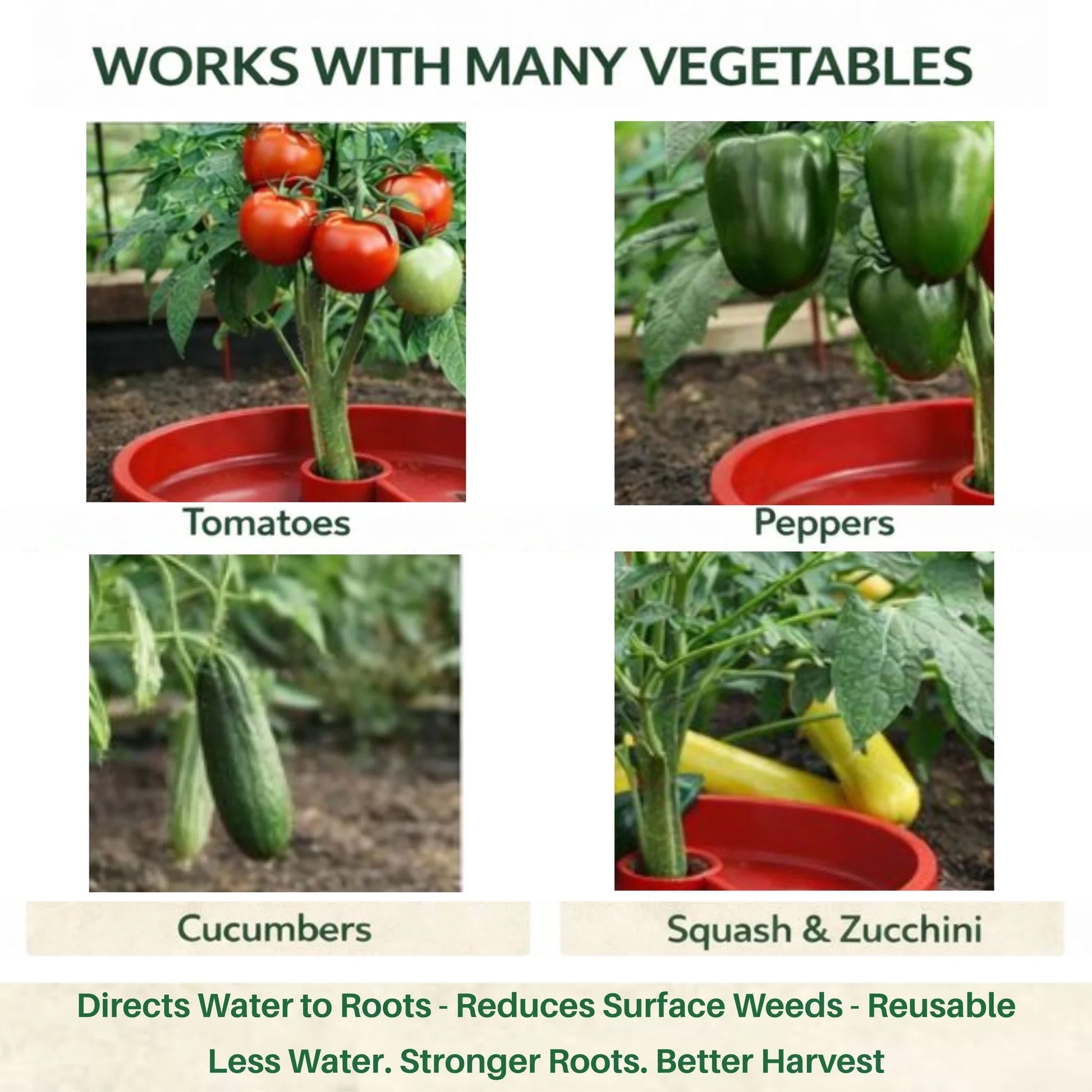 Gardening pots with tomatoes, peppers, cucumbers, and squash/zucchini, highlighting benefits of the product.