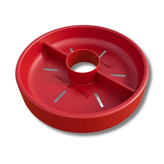 Red plastic feeder tray with 'Crater' branding on a white background