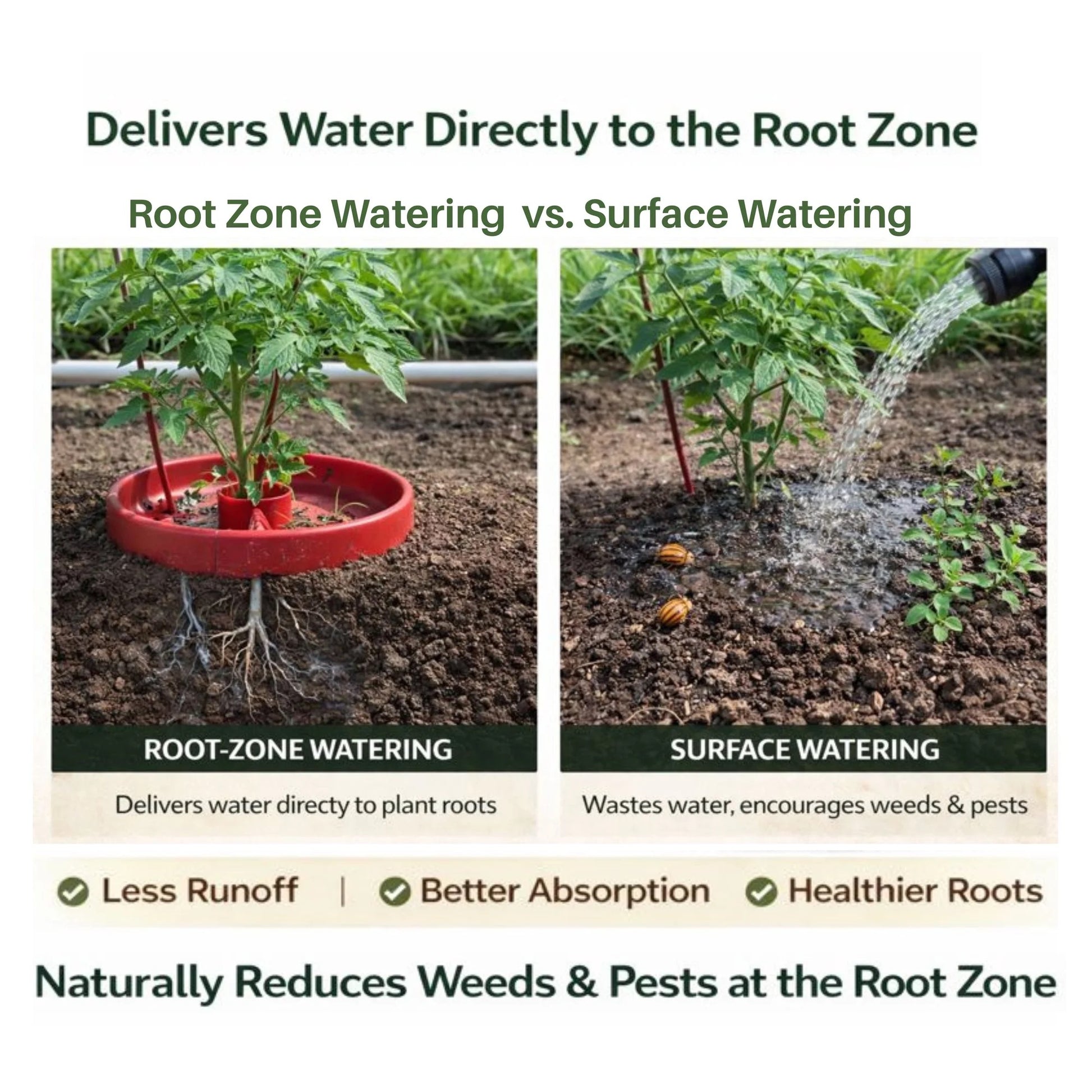 Comparison of root zone watering vs. surface watering with images and text explaining benefits.